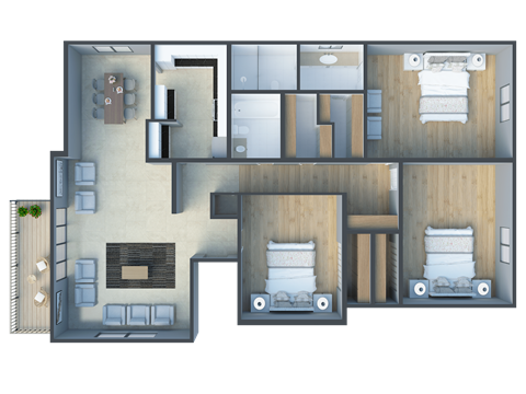 Floor plan for 3 beds, 2 baths, 1304 sqft